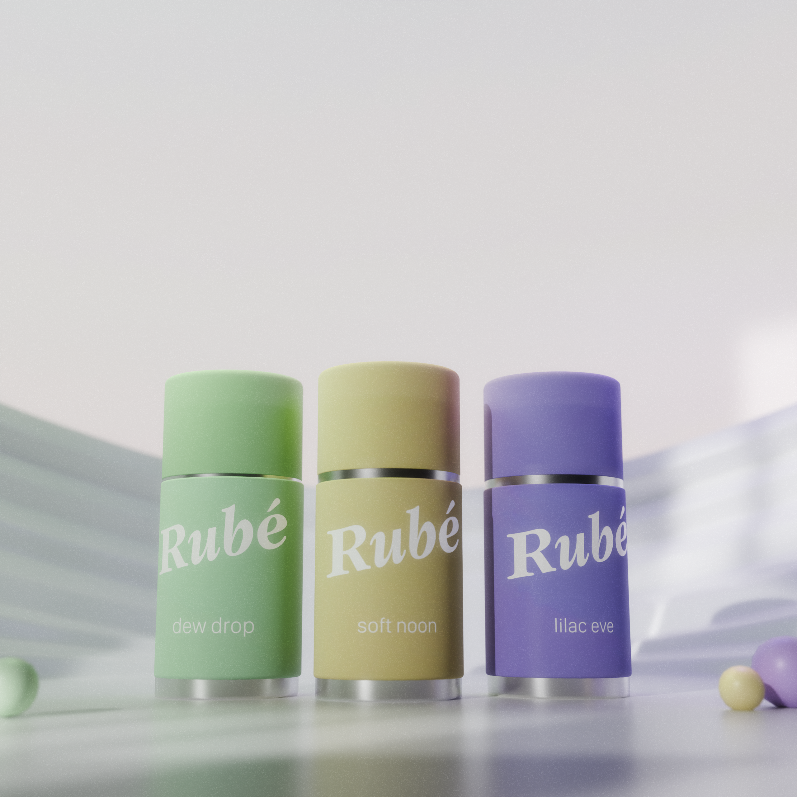 Rubé premium metal roller collection — dew drop, soft noon, lilac eve